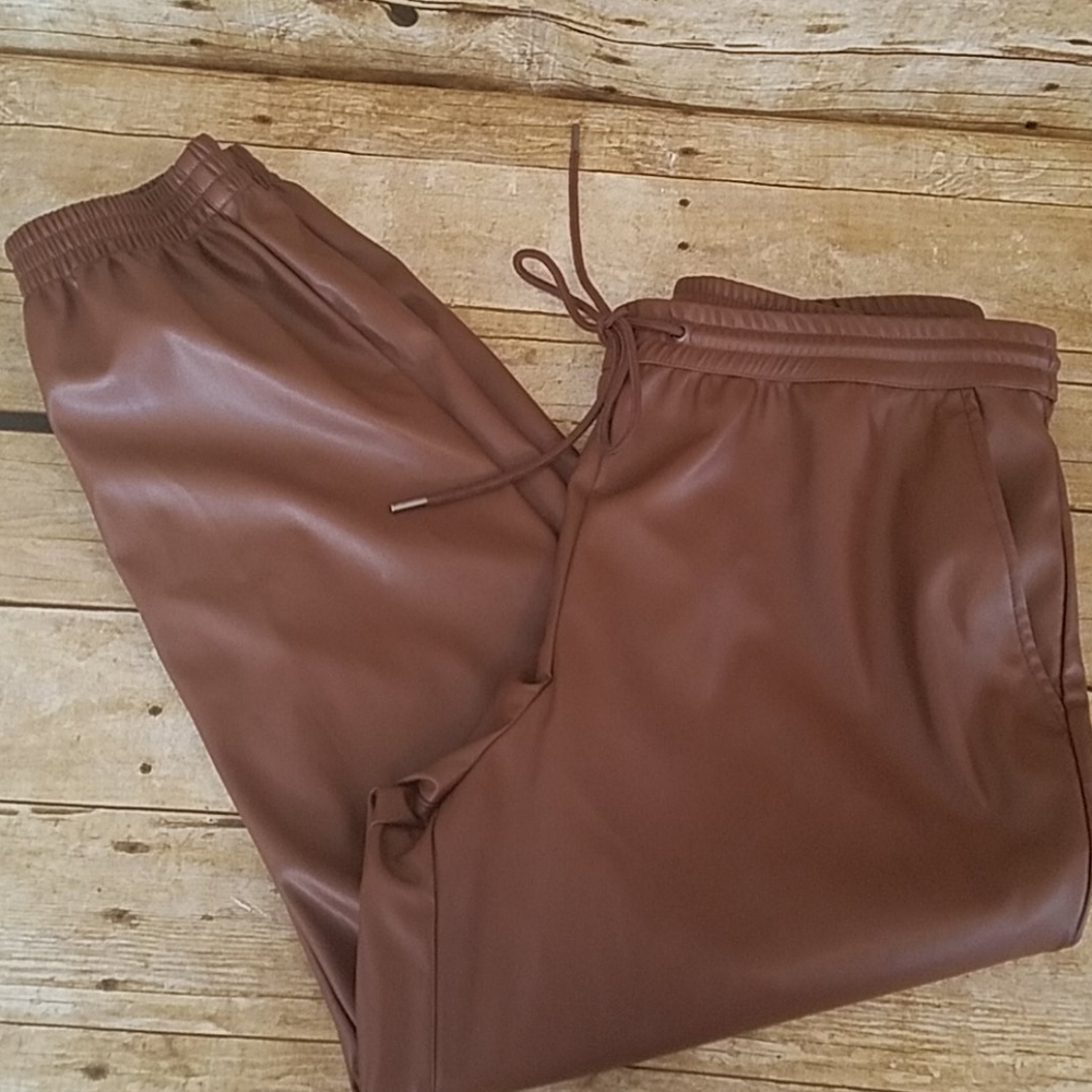 Womens Brown Faux Leather Joggers